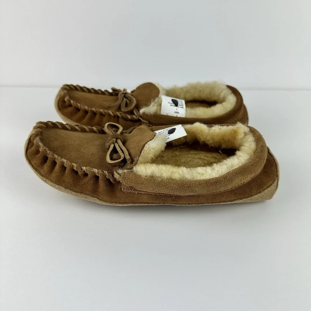 LL BEAN Kids Brown Suede Shearling‎ Lined Wicked Good Moc Slippers Size 3